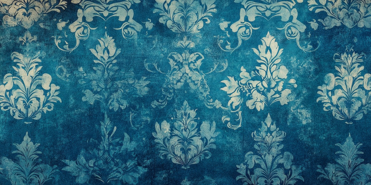 Papier peint baroque - damas floral bleu canard et blanc
