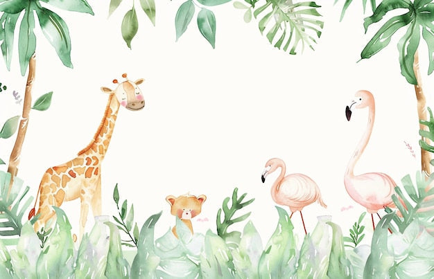 Children's Wallpaper - Sweet Safari with Giraffe and Flamingos