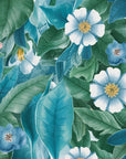 Papier Peint Floral - Fleurs Bleues Et Feuilles Vertes