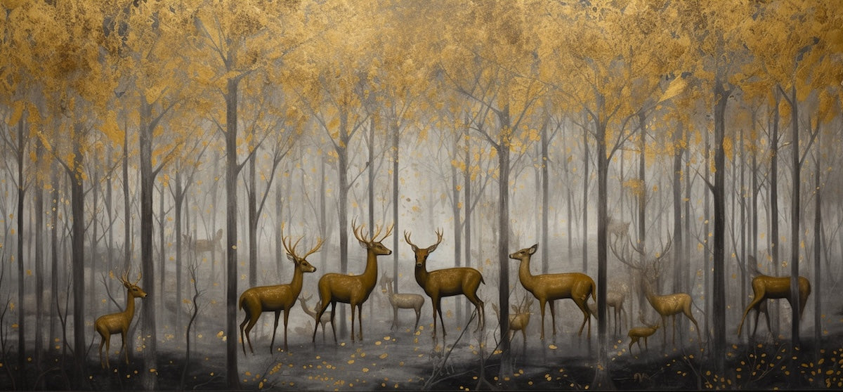 Papier peint animaux - harde de cerfs dans la forêt d'automne
