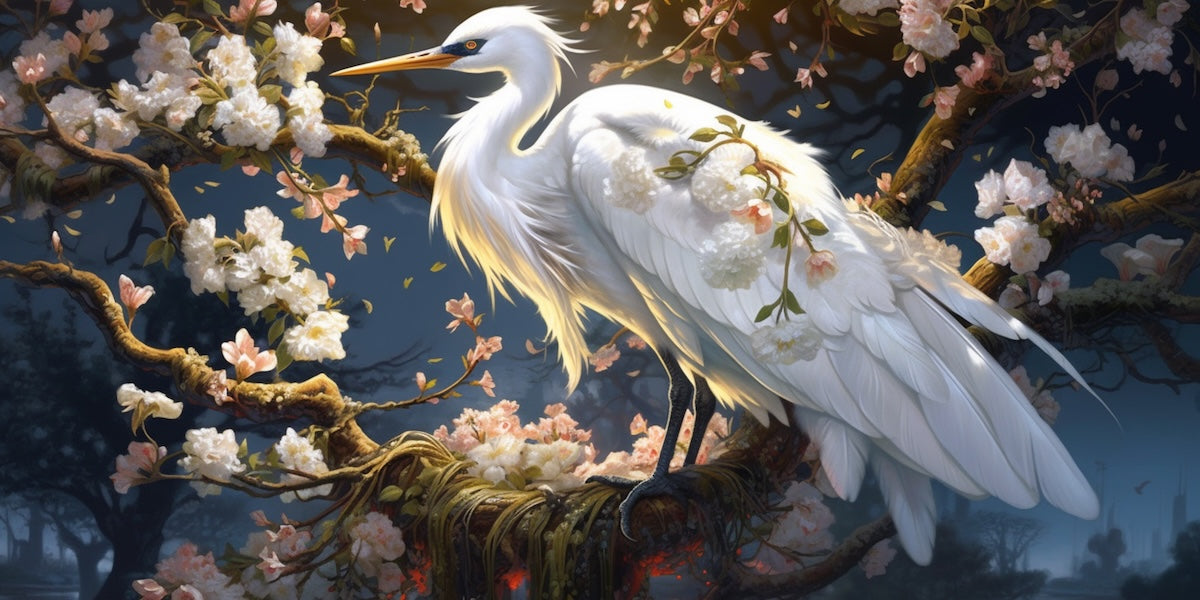Papier peint animaux - héron blanc majestueux parmi les fleurs blanches