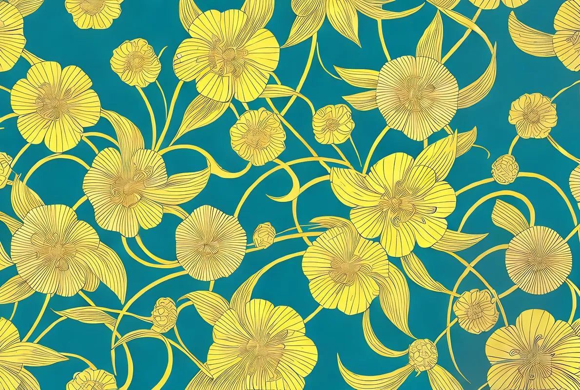 Papier Peint Floral - Fleurs Jaunes sur Fond Bleu Profond