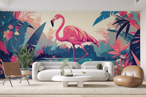 Papier Peint Tropical - Flamant Rose et Feuillage