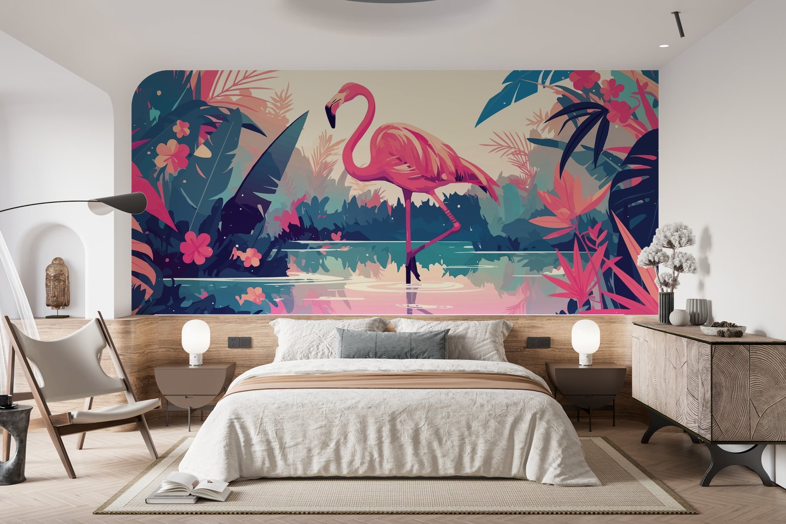 Papier Peint Tropical - Flamant Rose et Feuillage