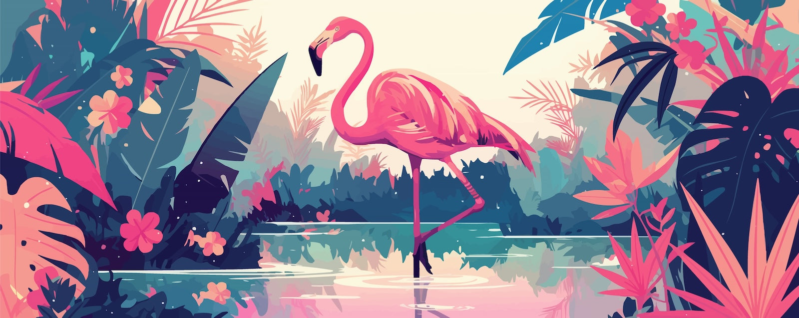 Papier Peint Tropical - Flamant Rose et Feuillage