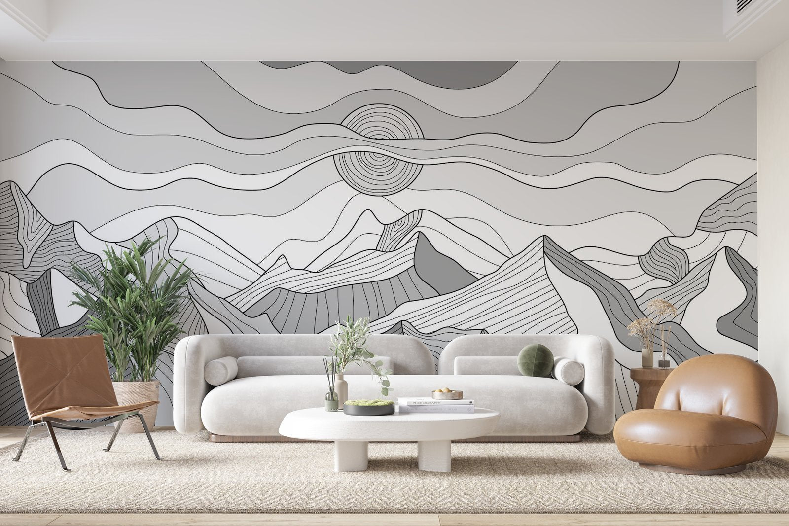 Papier Peint Noir et Blanc - Montagnes en Line Art