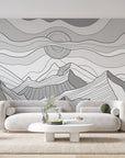 Papier Peint Noir et Blanc - Montagnes en Line Art