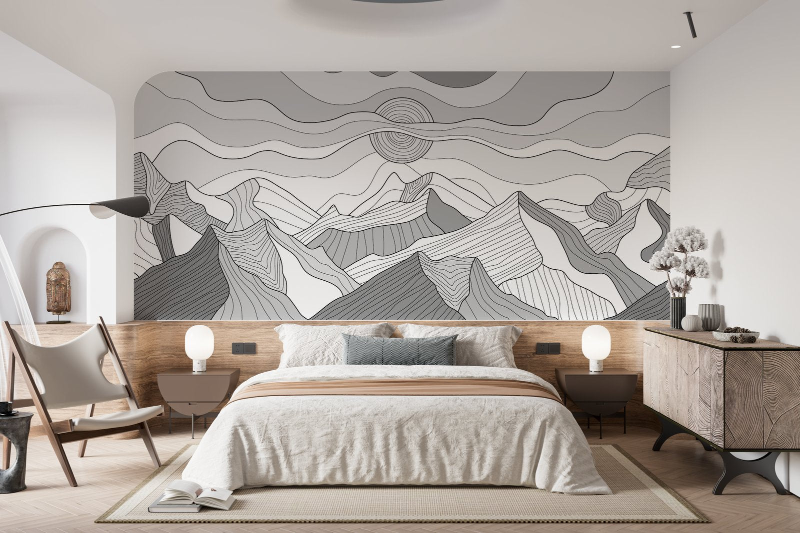 Papier Peint Noir et Blanc - Montagnes en Line Art