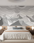 Papier Peint Noir et Blanc - Montagnes en Line Art