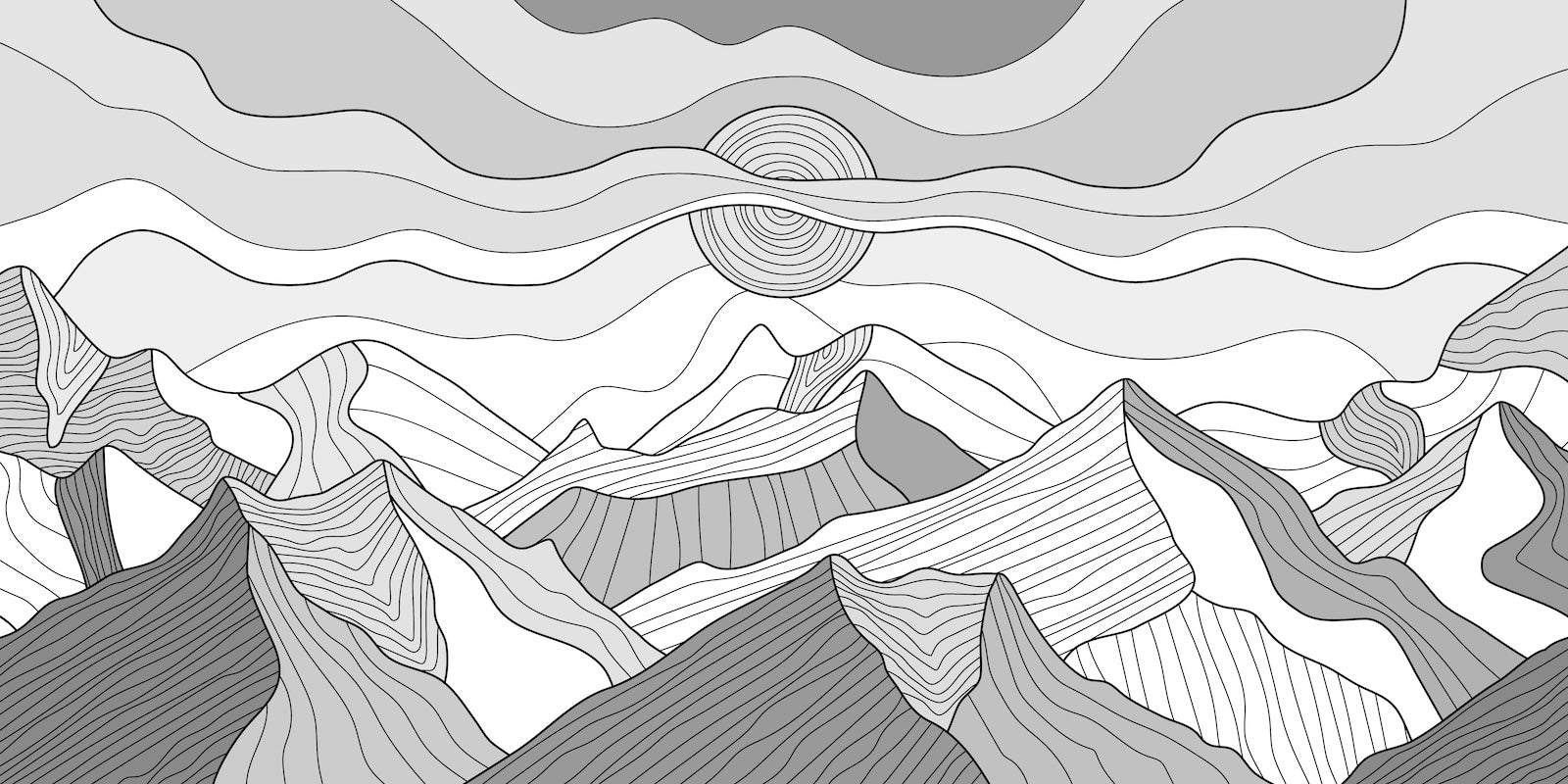 Papier Peint Noir et Blanc - Montagnes en Line Art