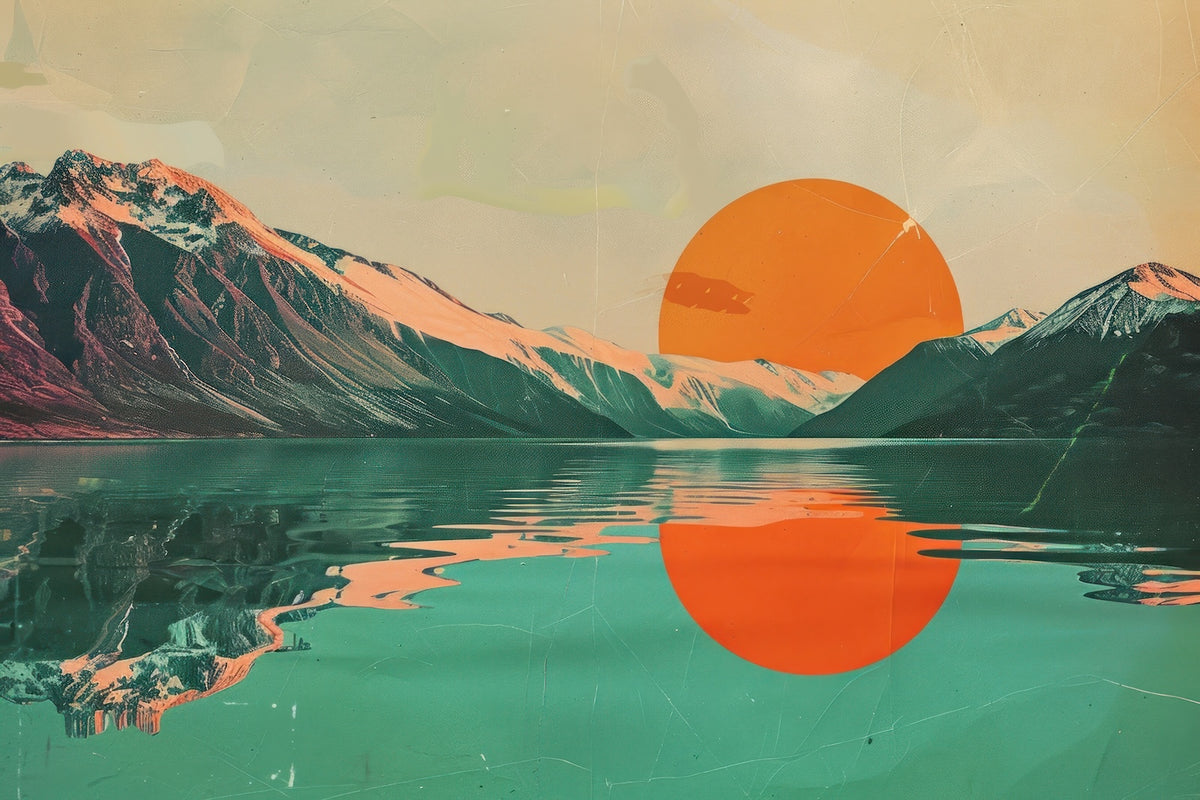 Papel tapiz abstracto - Sol naranja sobre un lago turquesa