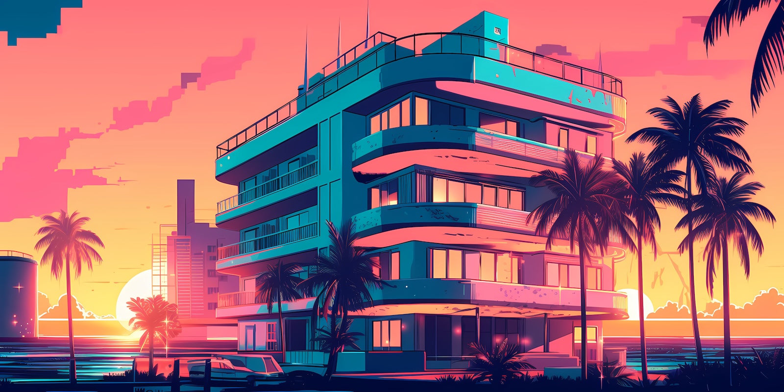 Papier Peint Miami - Palmiers Rose Coucher Soleil