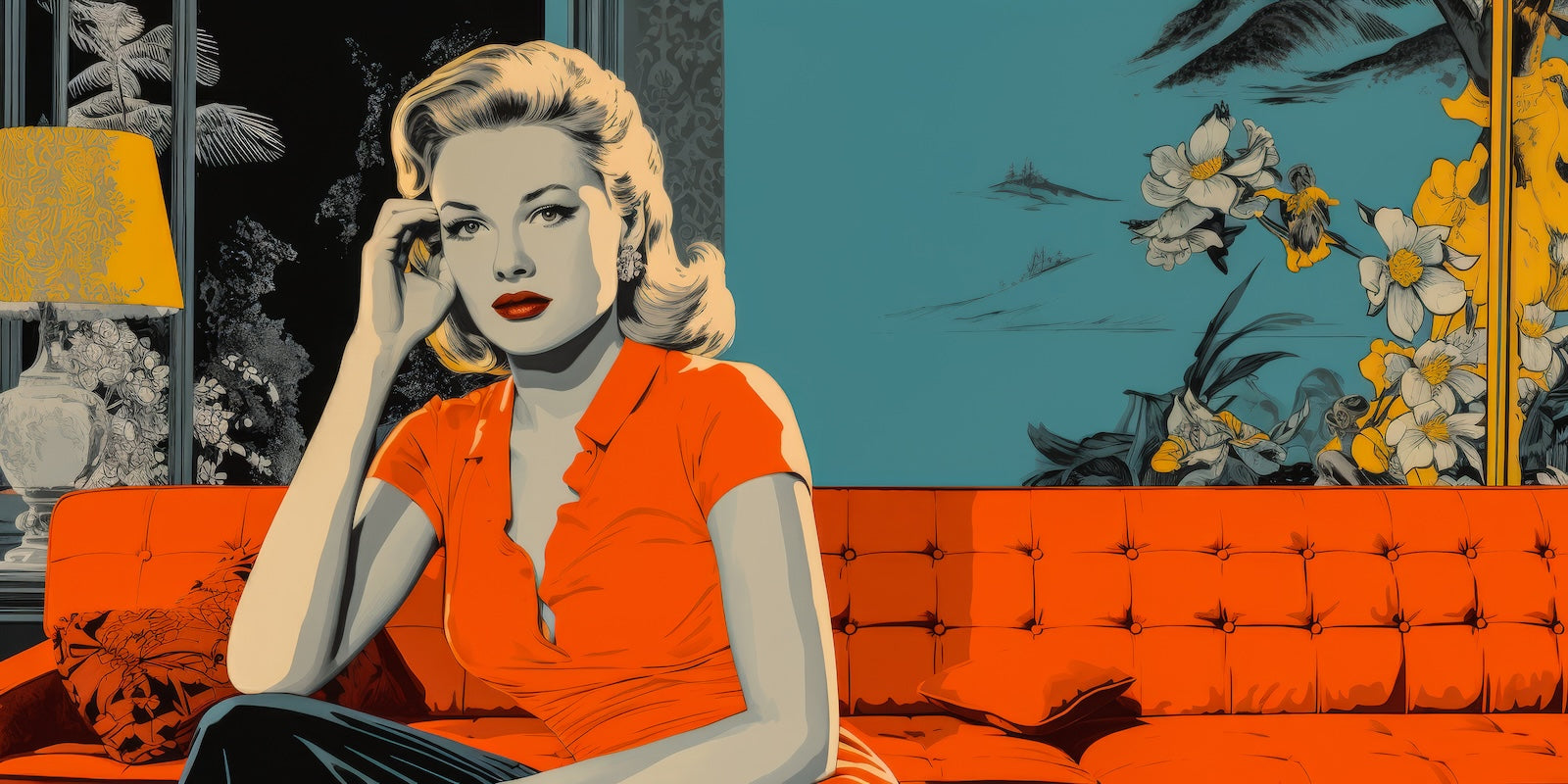 Papier Peint Rétro - Femme Vintage Bleue