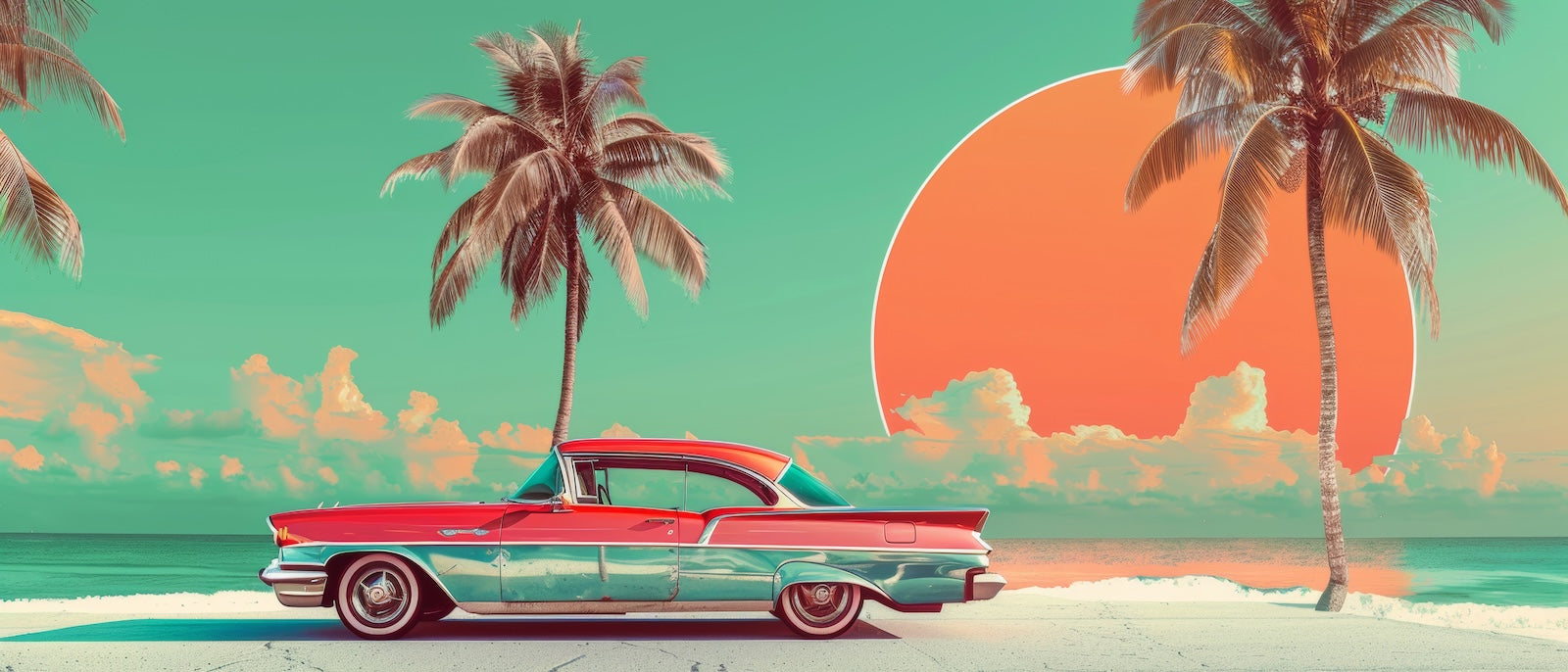 Papier Peint Miami - Cabriolet et Palmiers Années 80