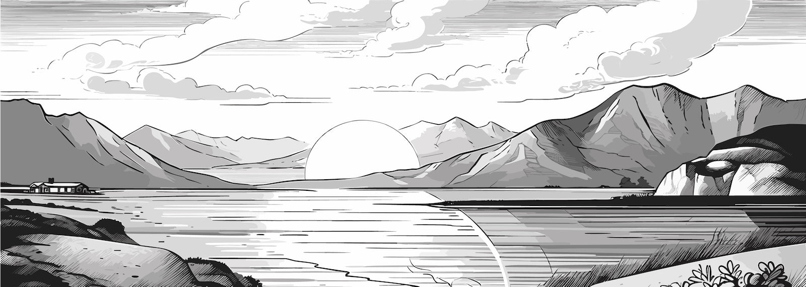 Papier Peint Noir et Blanc - Montagnes et Soleil en BD