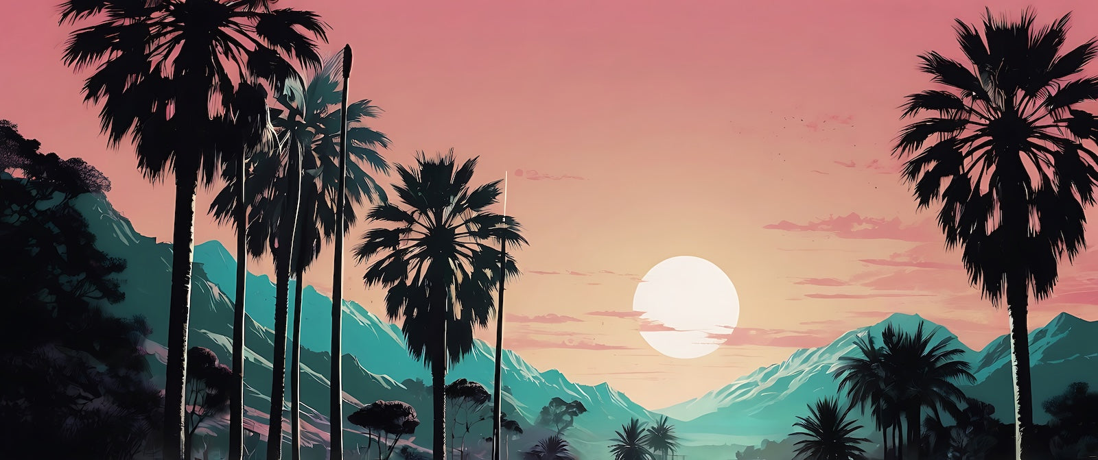 Papier Peint Miami - Palmiers Synthwave Turquoise
