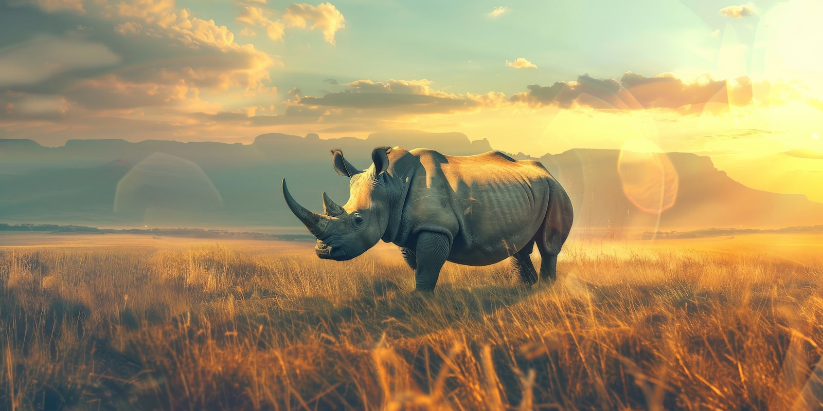Papier Peint Animaux - Rhinocéros au Coucher de Soleil