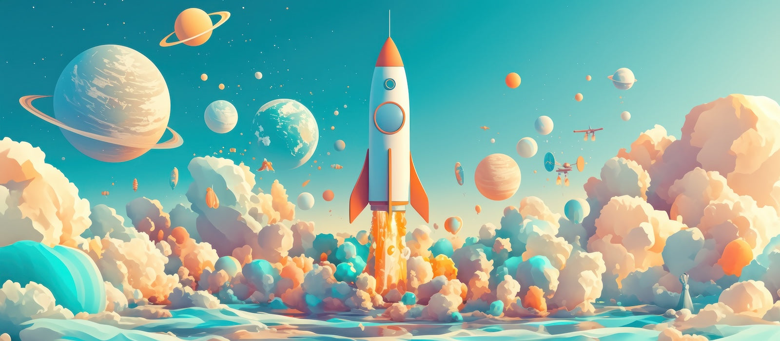 Papier Peint Espace - Fusée Illustration Colorée