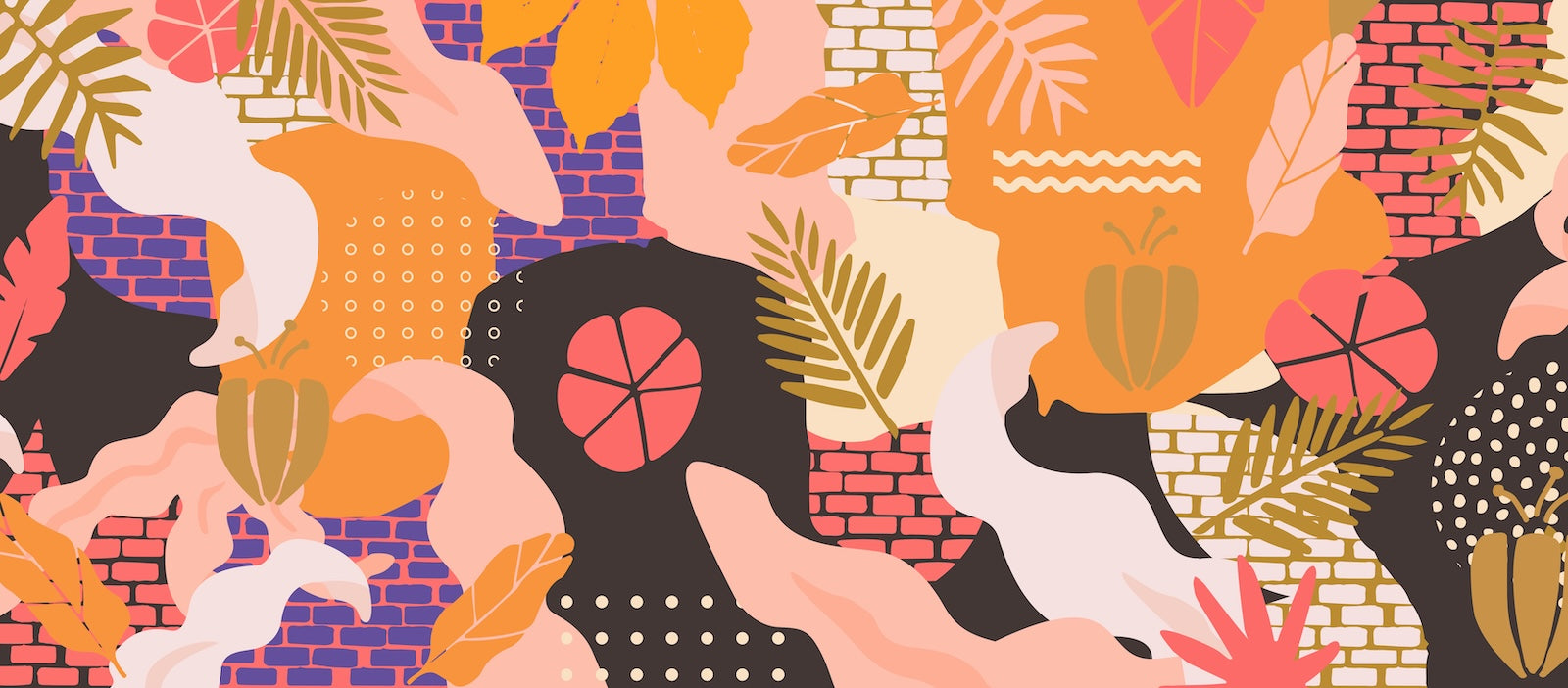 Papier Peint Abstrait - Collage Tropical Orange et Corail