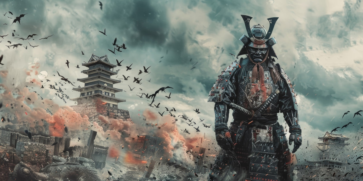 Samurai-Tapete - Samurai in Rüstung vor japanischen Tempeln