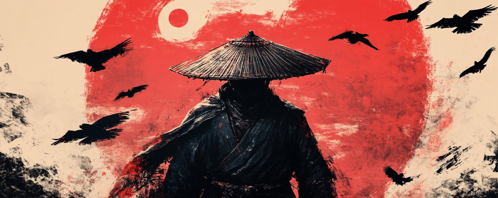 Papier Peint Samouraï - Guerrier et Corbeaux Rouges