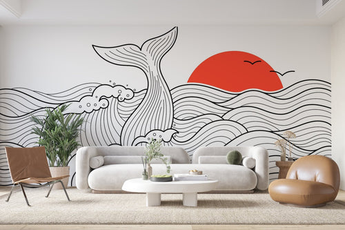 Papier Peint Line Art - Baleine et Soleil Rouge