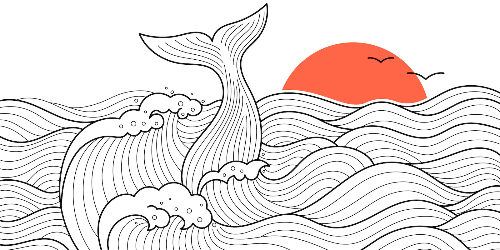 Papier Peint Line Art - Baleine et Soleil Rouge