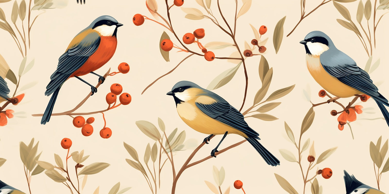 Papier Peint Oiseaux & Rapaces - Oiseaux Branches Fleuries