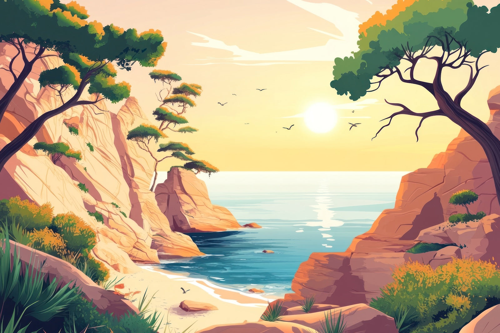 Papier Peint Tropical - Paysage Palmiers Doré