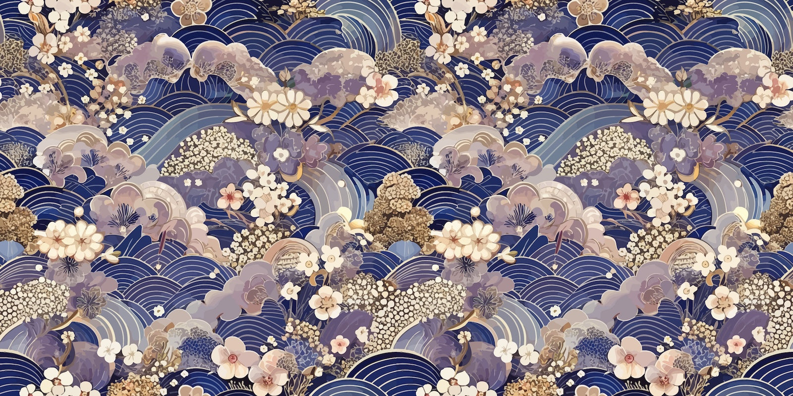 Papier Peint Japonais - Vagues Fleuries Bleu Indigo