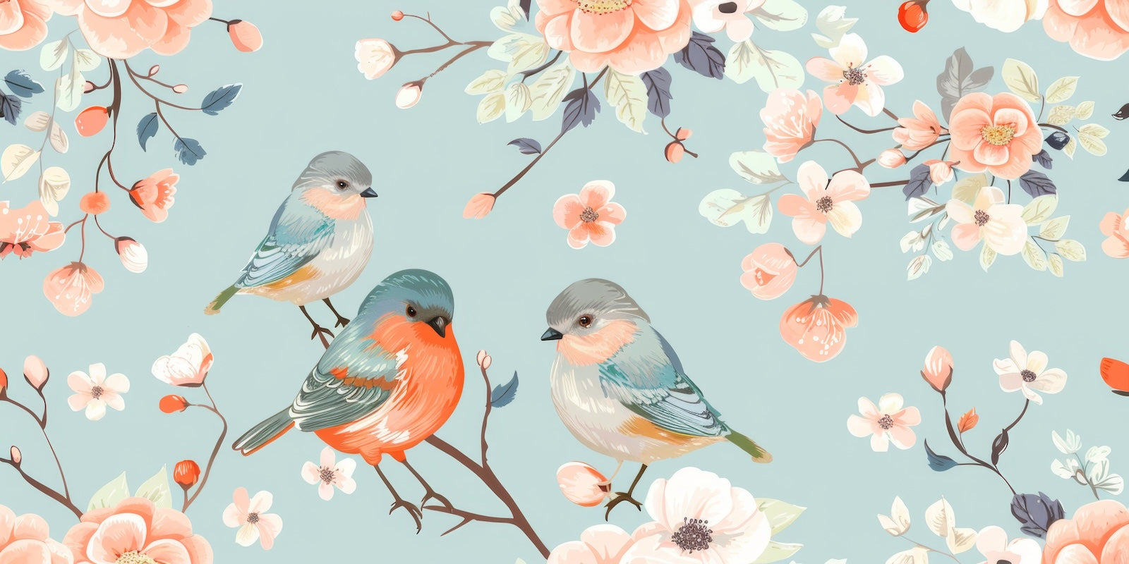 Papier Peint Floral - Oiseaux et Fleurs Vintage