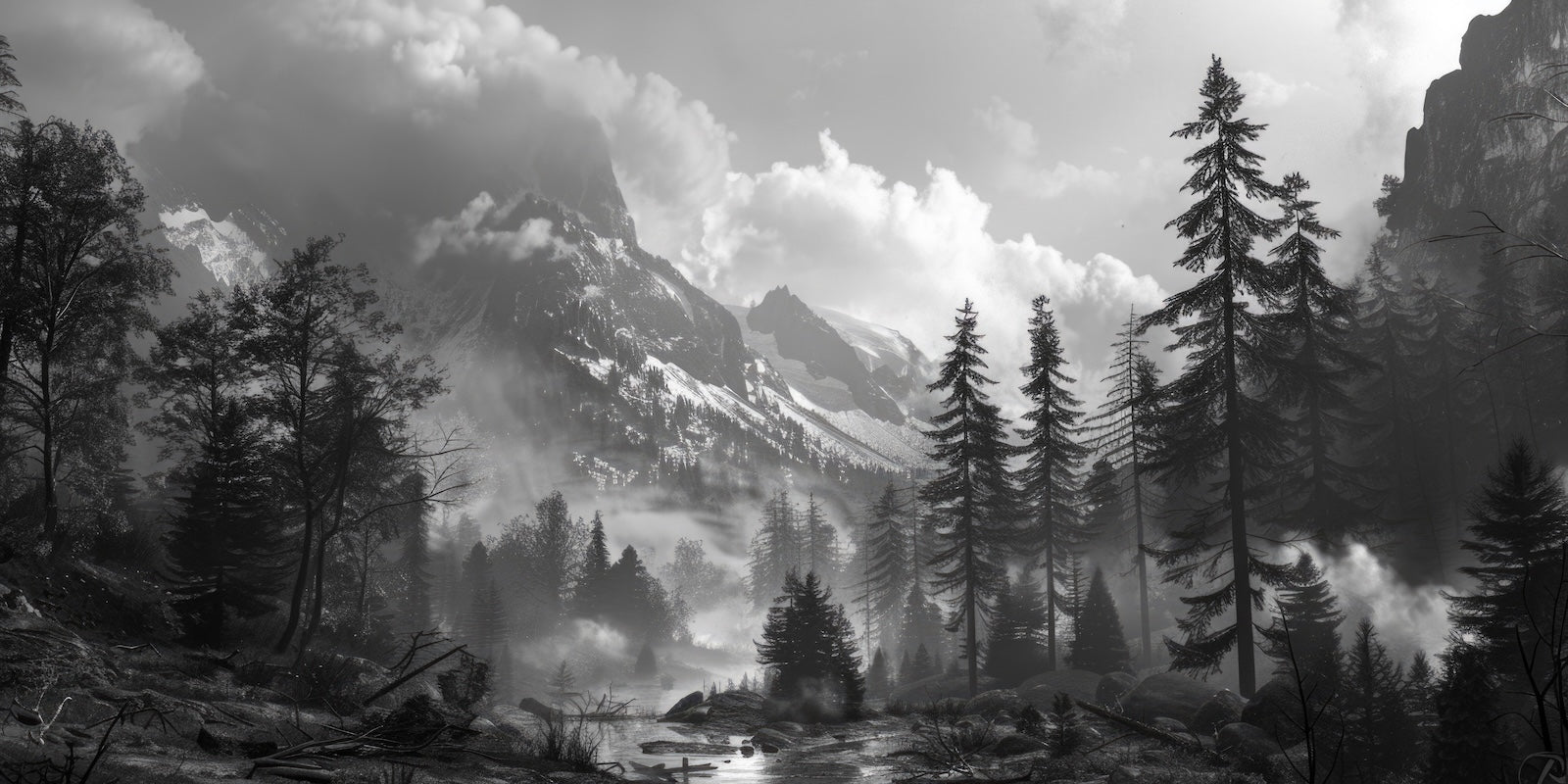 Papier Peint Noir et Blanc - Montagnes et Forêt