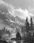 Papier Peint Noir et Blanc - Montagnes et Forêt