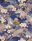 Papier Peint Japonais - Vagues Fleuries Bleu Indigo