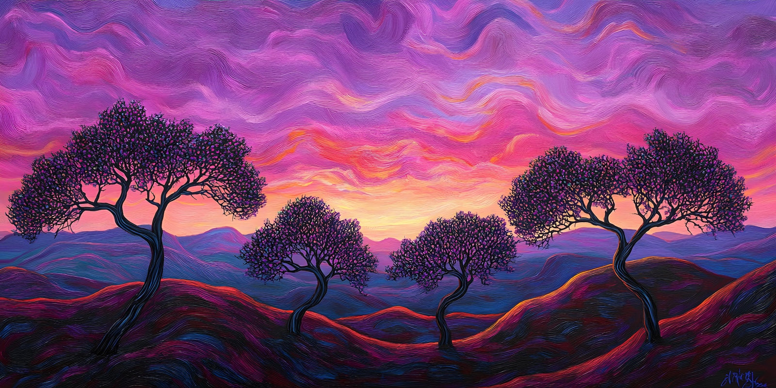 Papier Peint Montagne - Coucher Violet et Rose