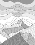 Papier Peint Noir et Blanc - Montagnes en Line Art