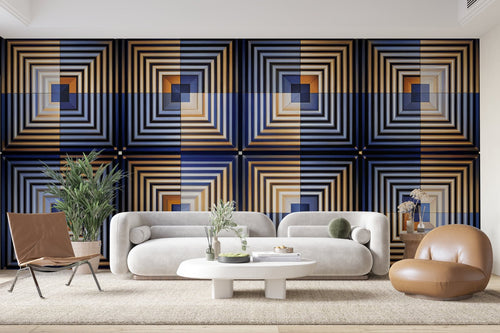 Geometrische Tapete - Ineinandergreifende blaue und goldene Quadrate