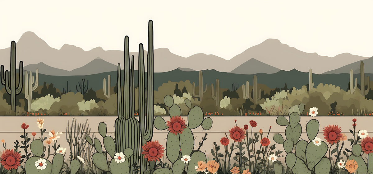 Desert Wallpaper - Illustrated Cacti and Flowers