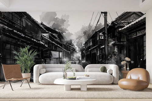 Papier Peint Japonais Noir et Blanc - Rue Illustrée