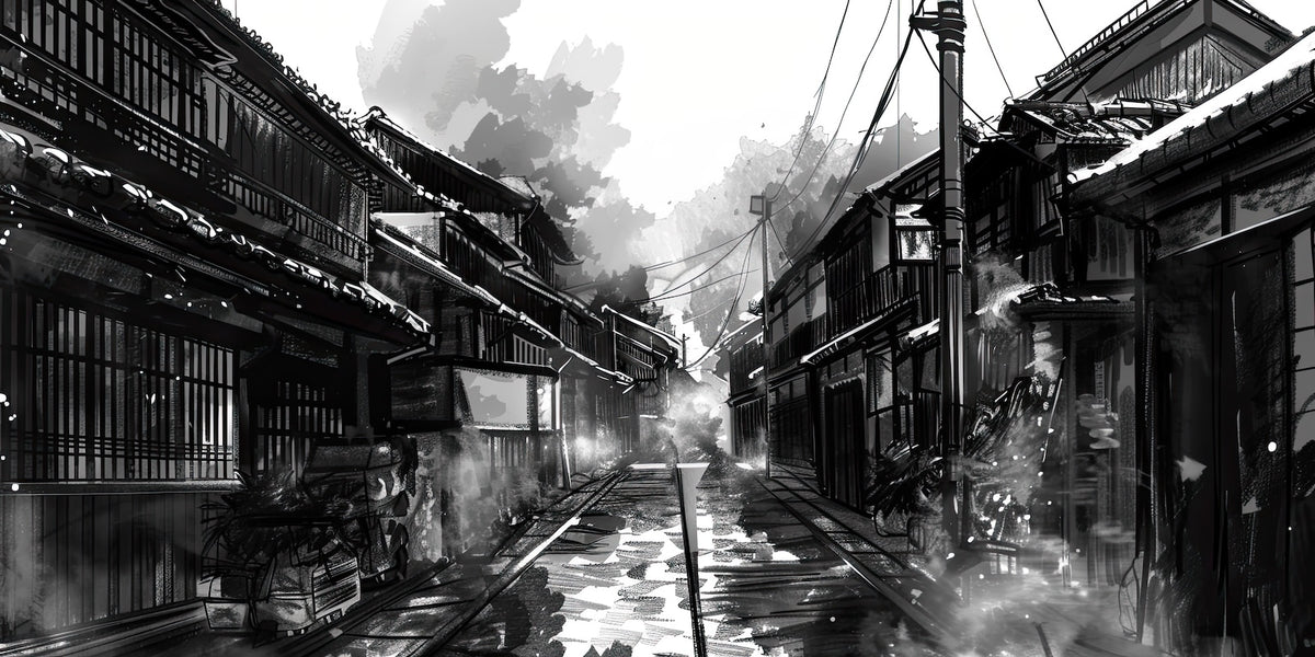 Black and White Japanese Wallpaper - Illustrated Street