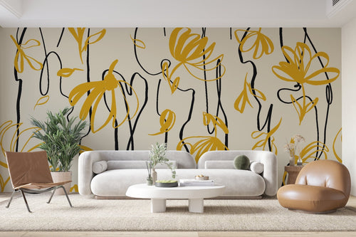 Papier Peint Line Art - Fleurs Jaune Moutarde