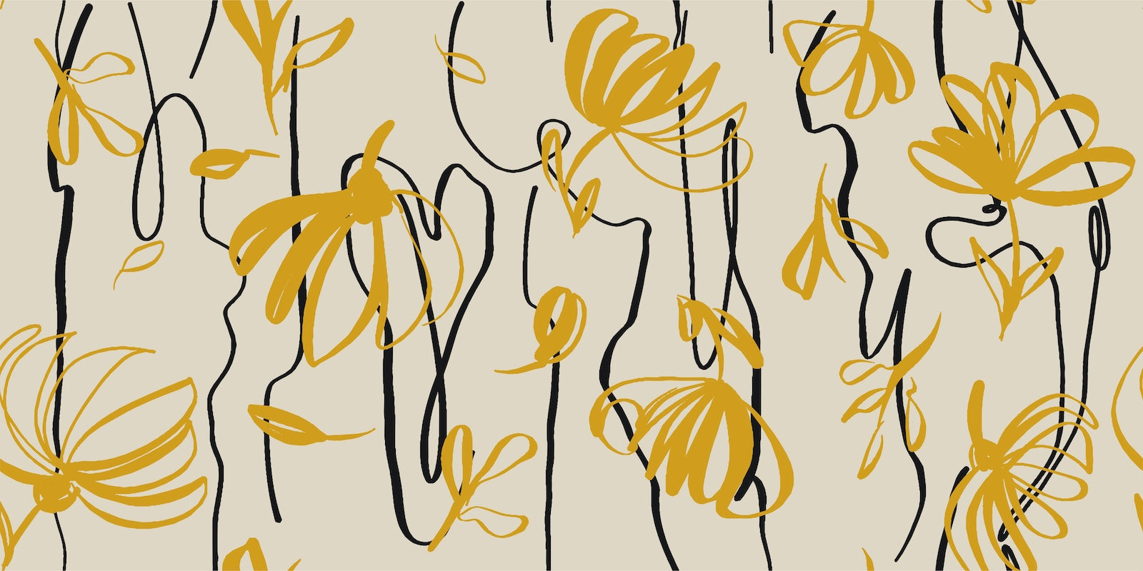 Papier Peint Line Art - Fleurs Jaune Moutarde