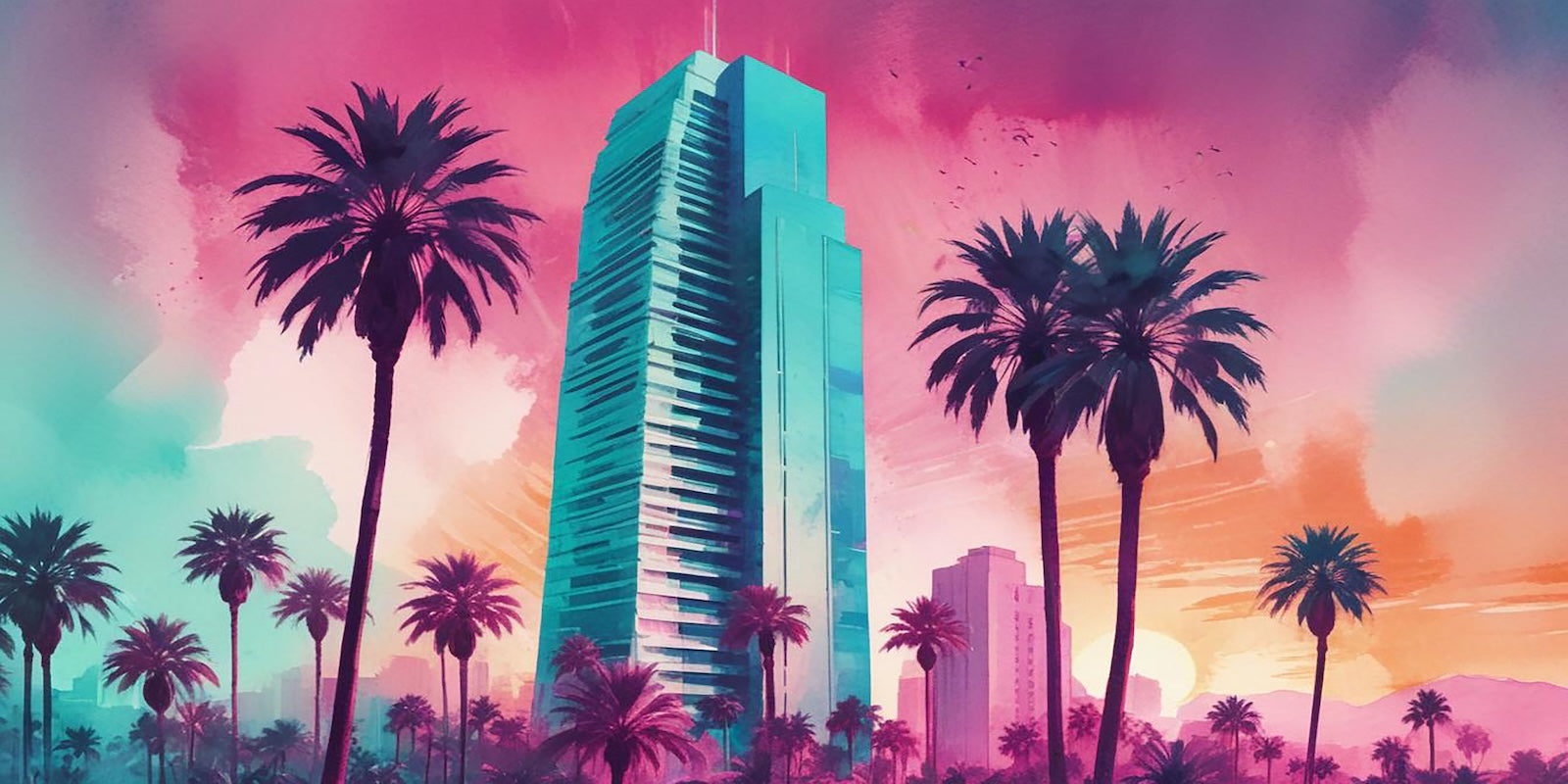 Papier Peint Miami - Palmiers et Ciel Rose