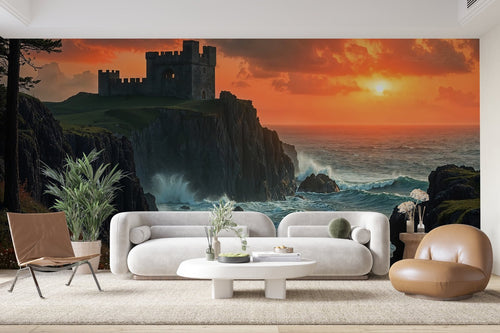 Papier Peint Illustration - Château sur Falaise au Coucher de Soleil