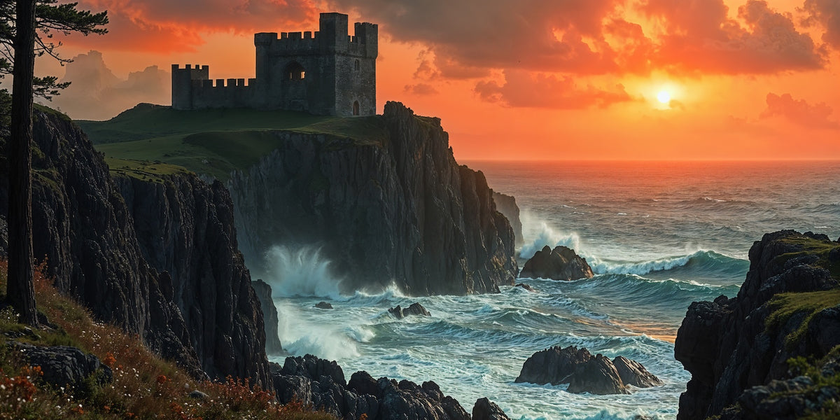 Papier Peint Illustration - Château sur Falaise au Coucher de Soleil
