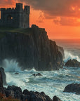Papier Peint Illustration - Château sur Falaise au Coucher de Soleil