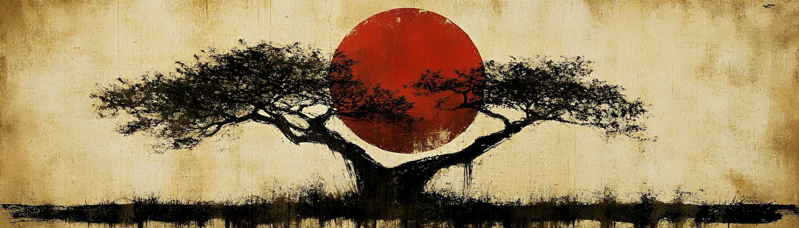 Papier Peint Afrique - Arbre et Soleil Rouge