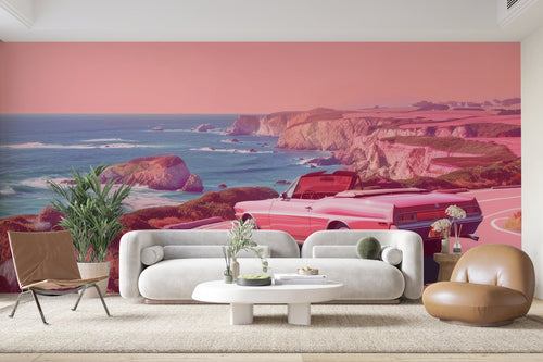 Papier Peint Rétro - Voiture Rose sur la Côte