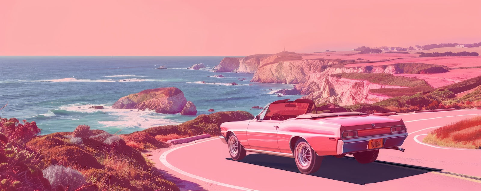 Papier Peint Rétro - Voiture Rose sur la Côte