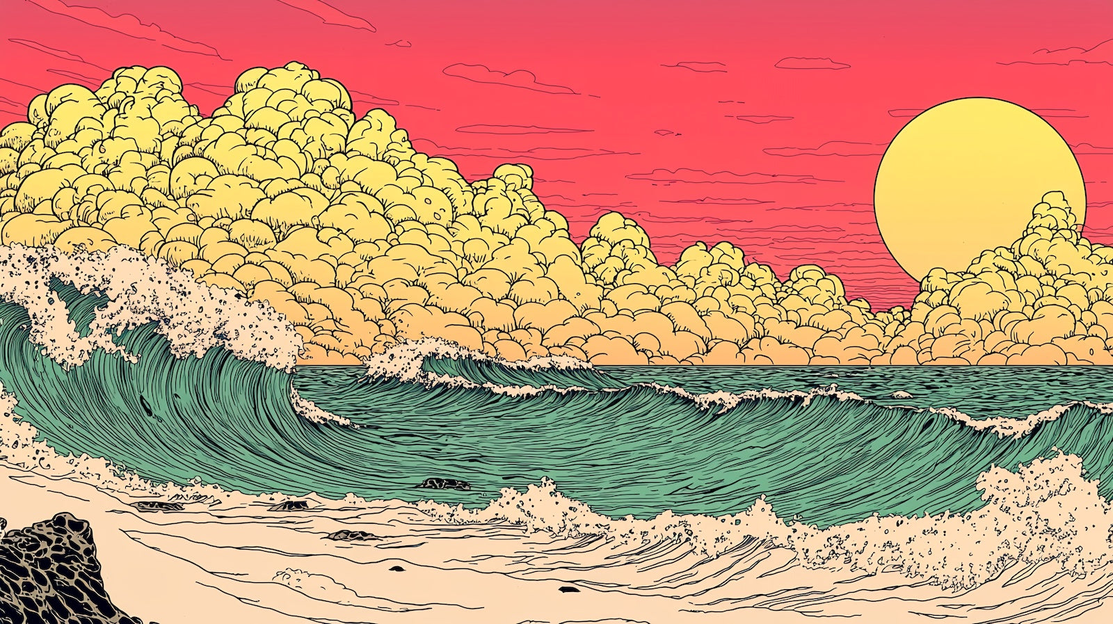 Papier Peint Illustration - Vague et Plage Colorée